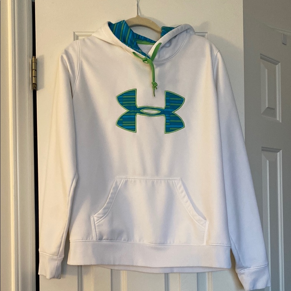 Under Armour White Storm Hoodie with Blue & Green Logo